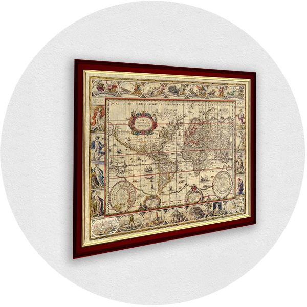 Framed old world map, America burgundy, frame