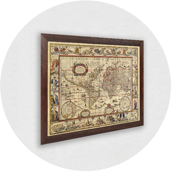Framed old world map brown frame