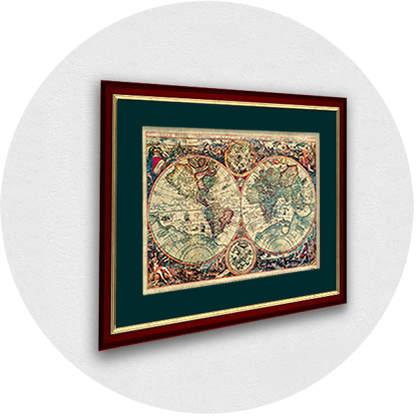Framed old world map burgundy frame, blue-green passpartout