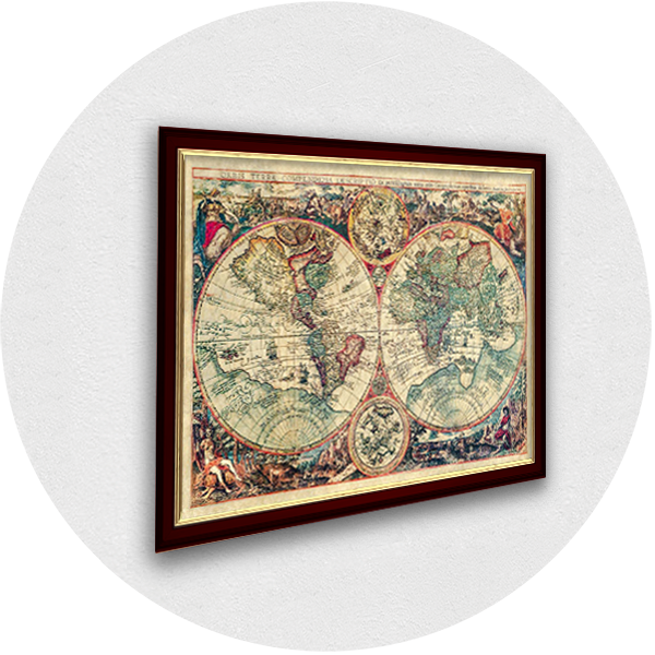 Cornice bordeaux vecchia mappa del mondo con cornice