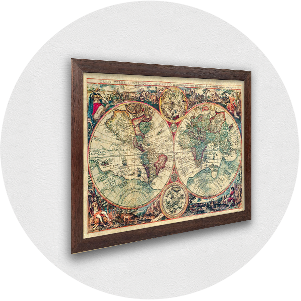 Framed old world map brown frame