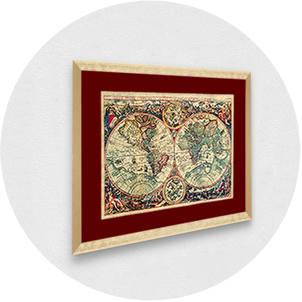 Framed old world map gold frame, burgundy passpartout