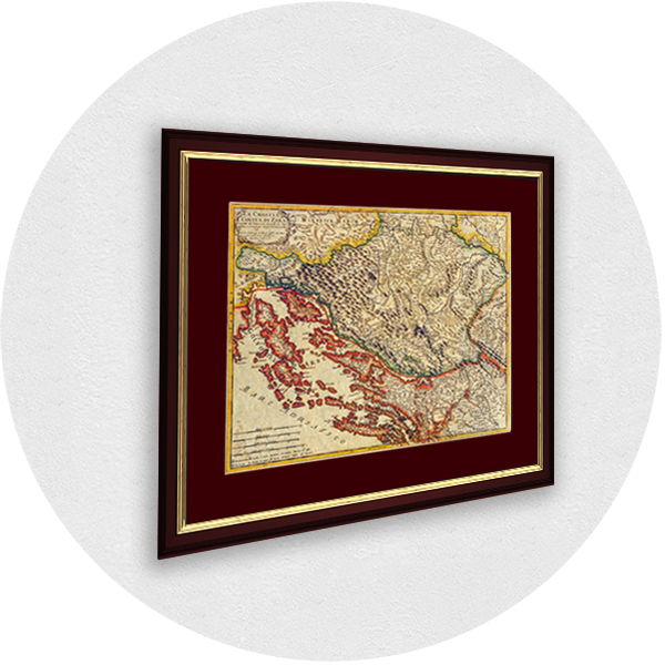 Framed old map of Zadar and its surroundings burgundy frame burgundy passpartout
