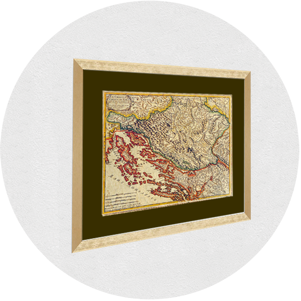 Gerahmte alte Karte von Zadar und Umgebung goldener Rahmen, olivgrüner Passpartout