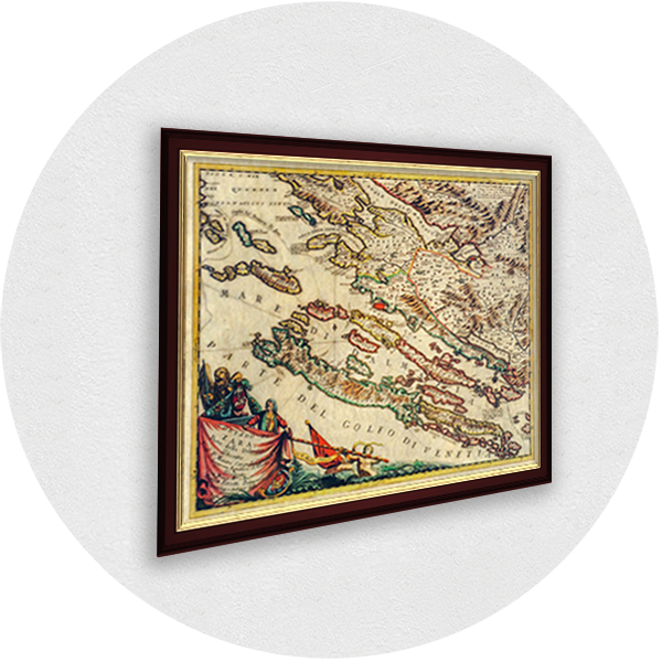 Framed old map of Zadar, surroundings and islands burgundy frame