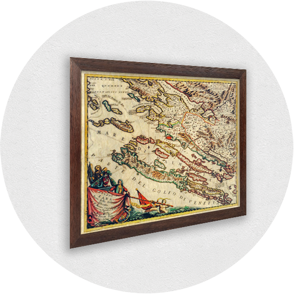 Incorniciato vecchia mappa di Zara, dintorni e isole cornice marrone