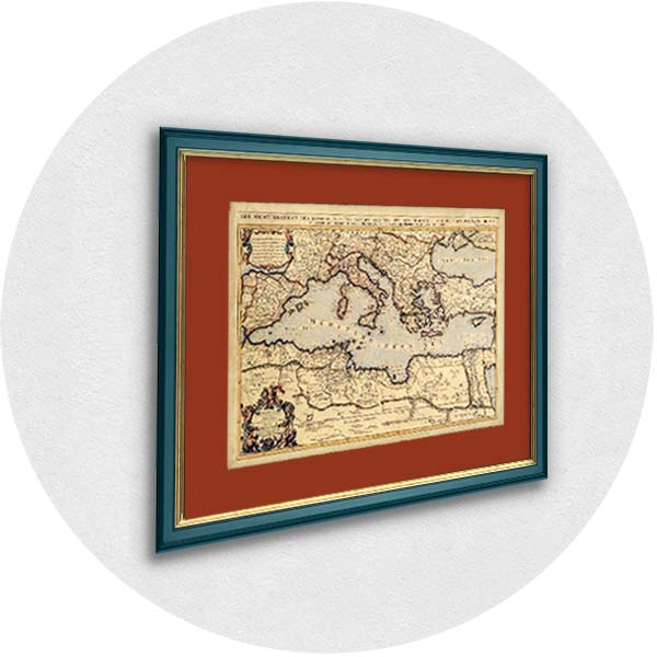 Framed old map of the Mediterranean in a blue frame with a dark salmon passpartout