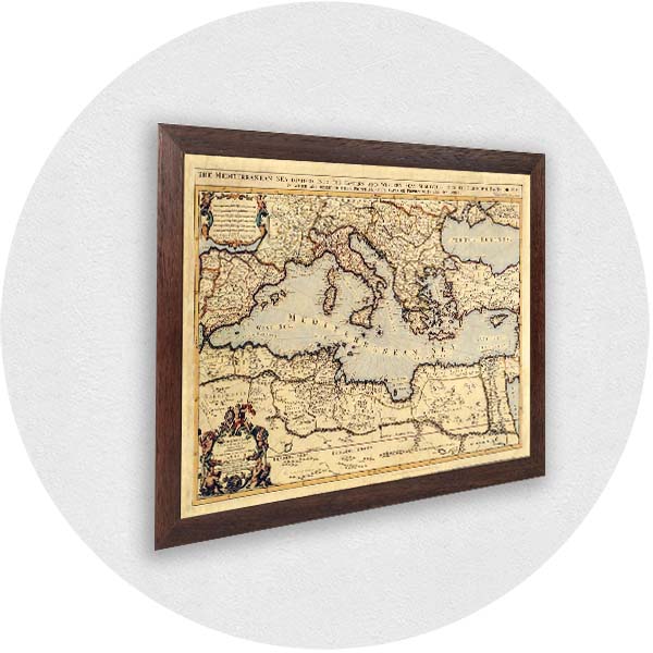 Framed old map of the Mediterranean in a brown frame